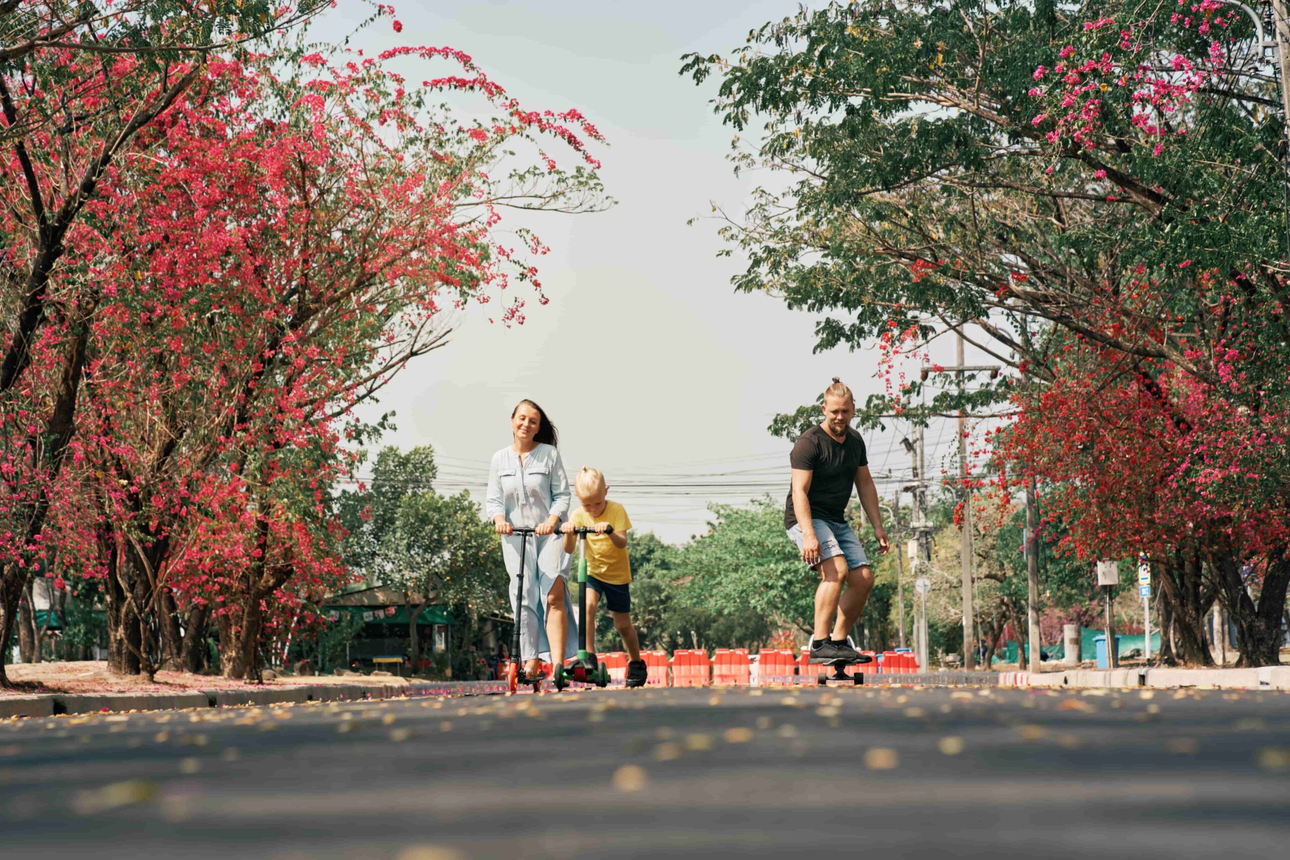 Two people riding scooters along a tree-lined path