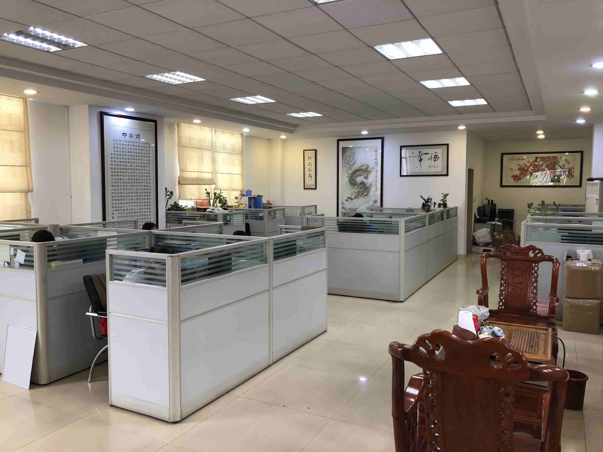 Office desks and computers at the factory