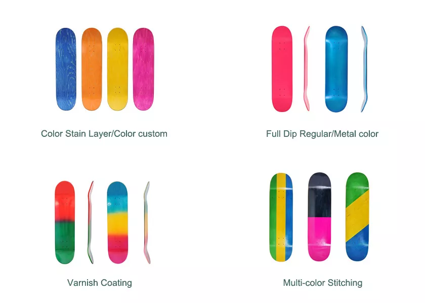 Skateboard deck color and graphic finish options