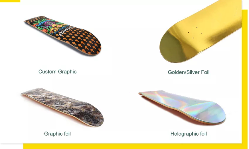 Skateboard transfer film samples with glitter and holographic finishes