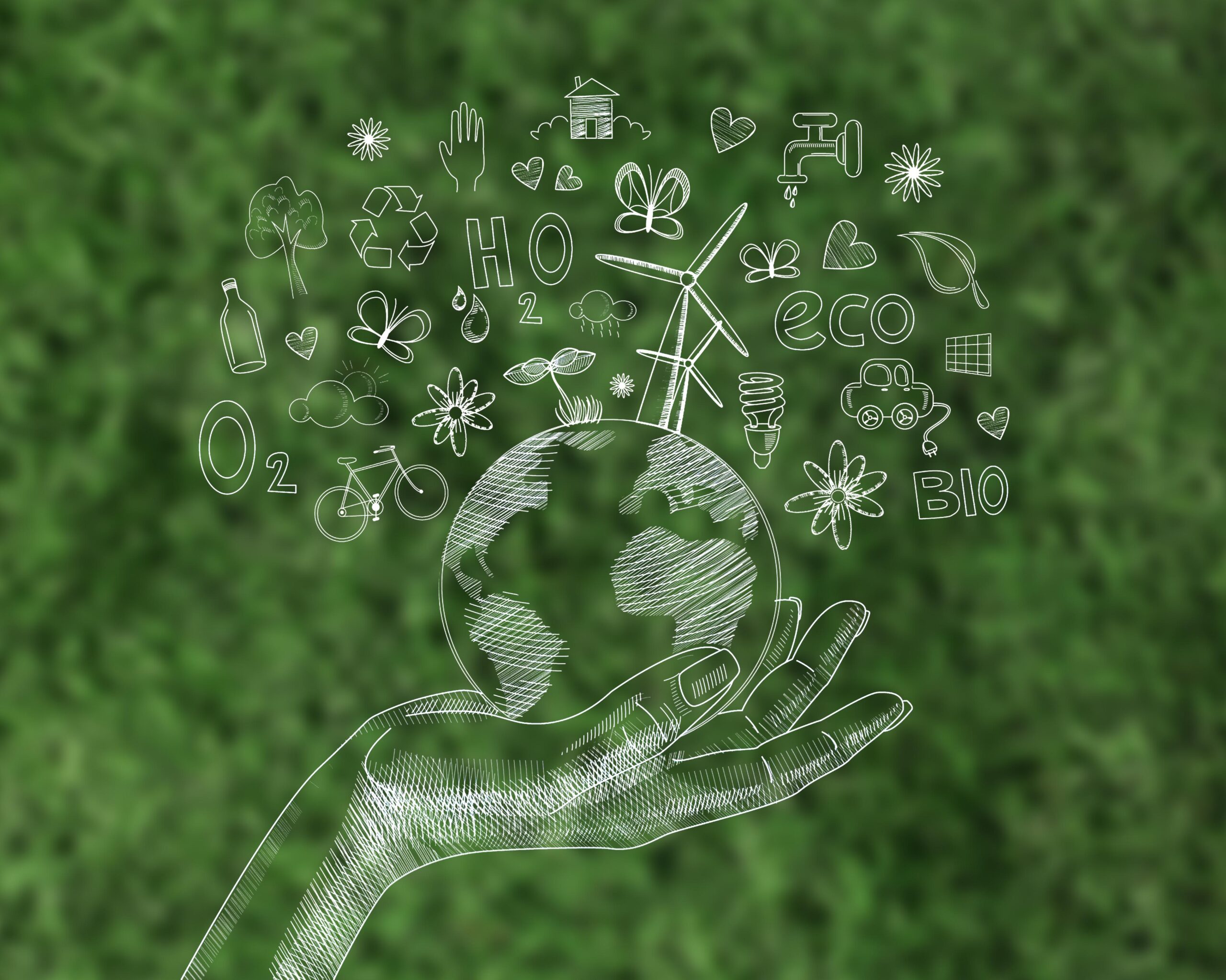 Environmental illustration with a tree and sustainability symbols