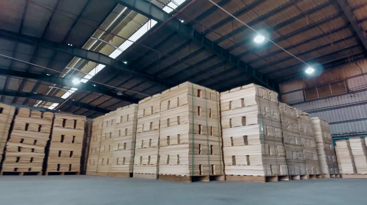 Stacks of maple veneers stored in the NAVA factory warehouse
