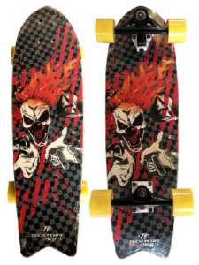Two complete skateboards with illustrated deck graphics