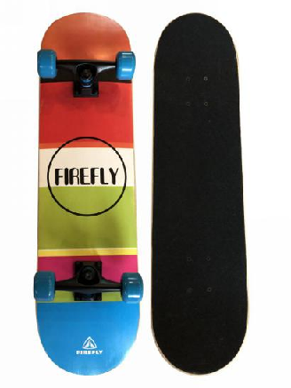 Orange complete skateboard shown from both sides