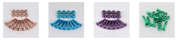 Skateboard hardware in several colors