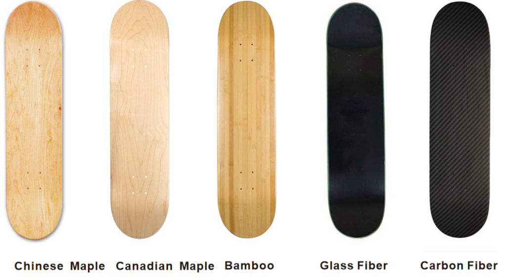 Skateboard decks in Chinese maple, Canadian maple, bamboo, glass fiber and carbon fiber
