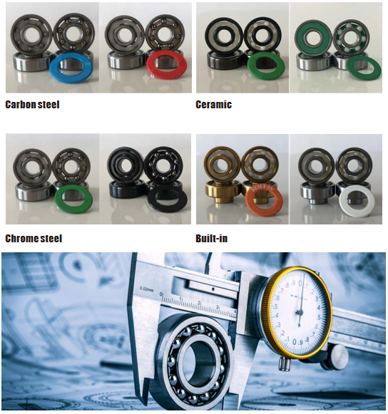 Skateboard bearings with different materials and shield colors