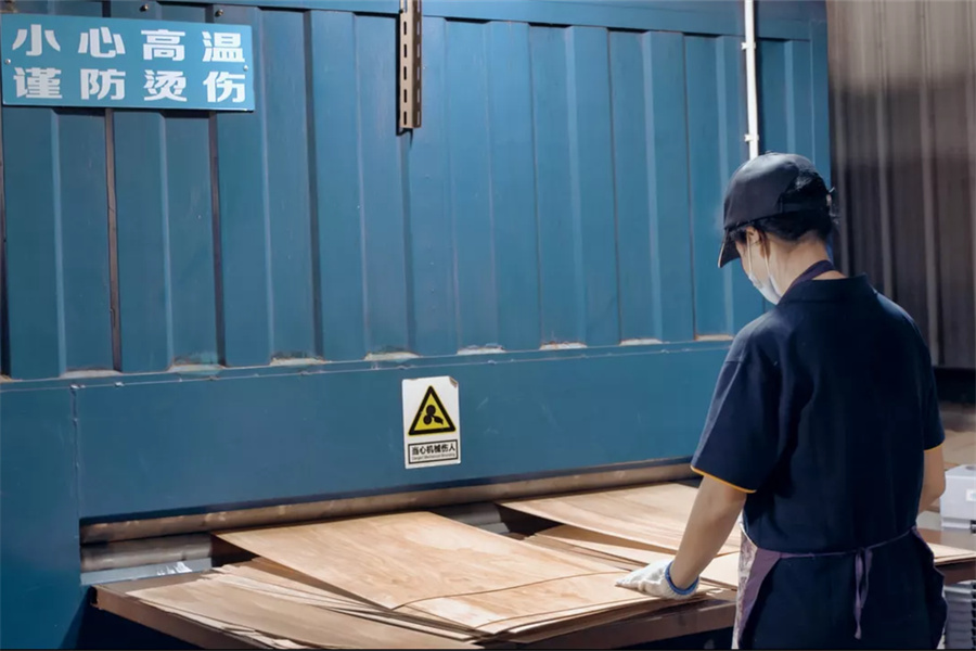 Worker preparing veneers at a drying machine