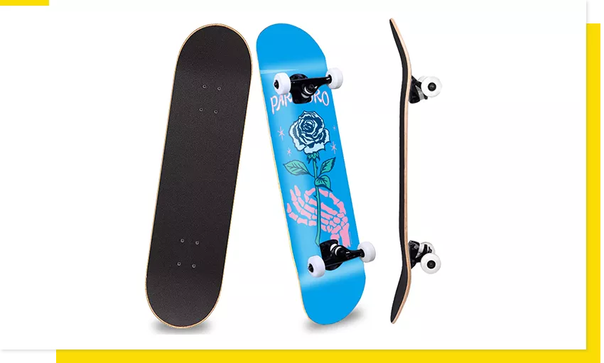 Complete skateboard with deck, trucks and wheels shown separately