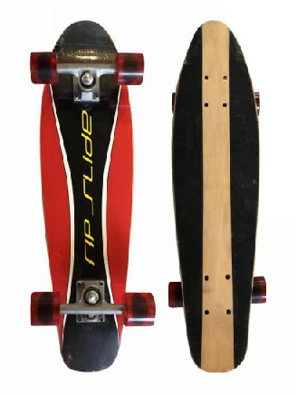 Two longboards with contrasting deck graphics
