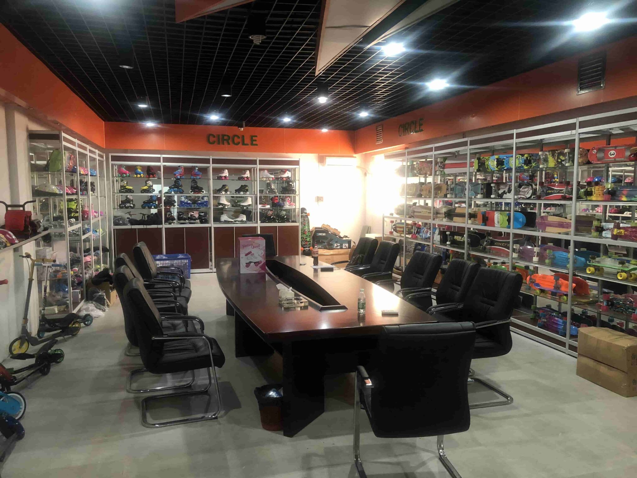 Factory product showroom with scooters and skateboards