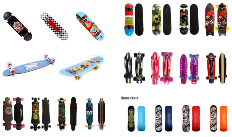 Collection of complete skateboards and longboards