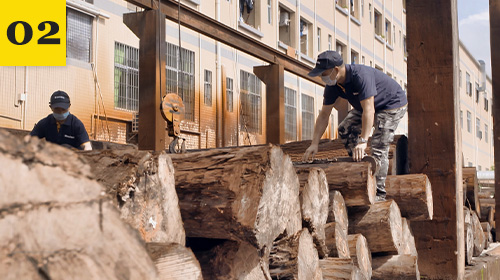 Workers preparing hard maple logs outside the factory